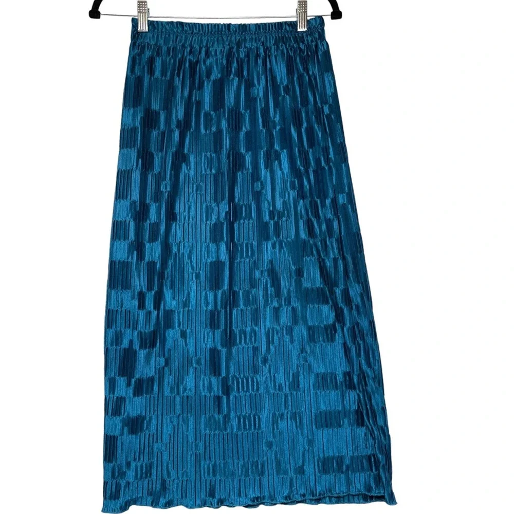 Cider Happy Hour Teal Blue Pleated Satin Midi Skirt Boho Feminine Womens Med NEW